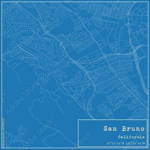 Blueprint US city map of San Bruno, California.
