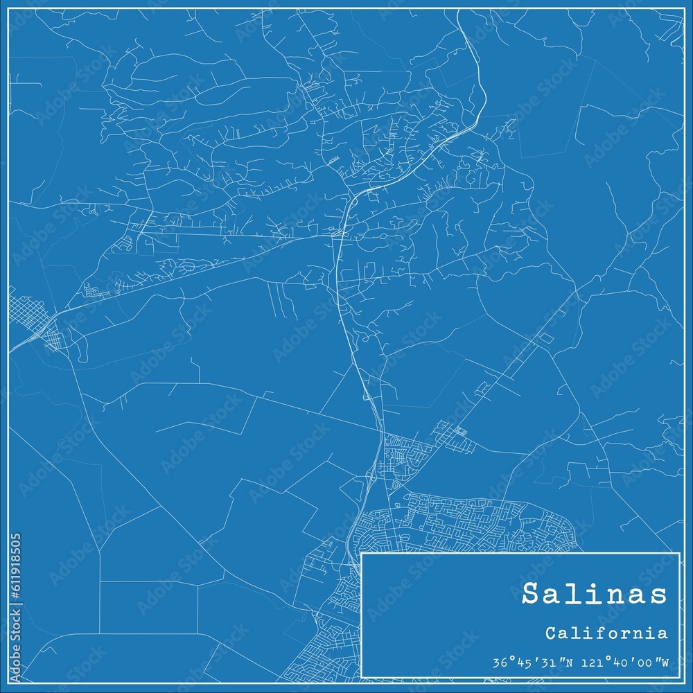 Blueprint US city map of Salinas, California.