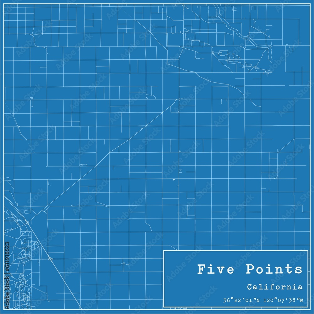 Blueprint US city map of Five Points, California.