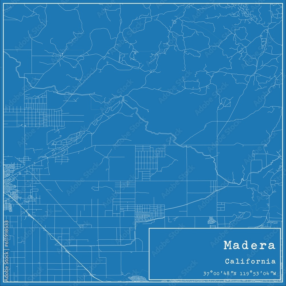 Blueprint US city map of Madera, California.