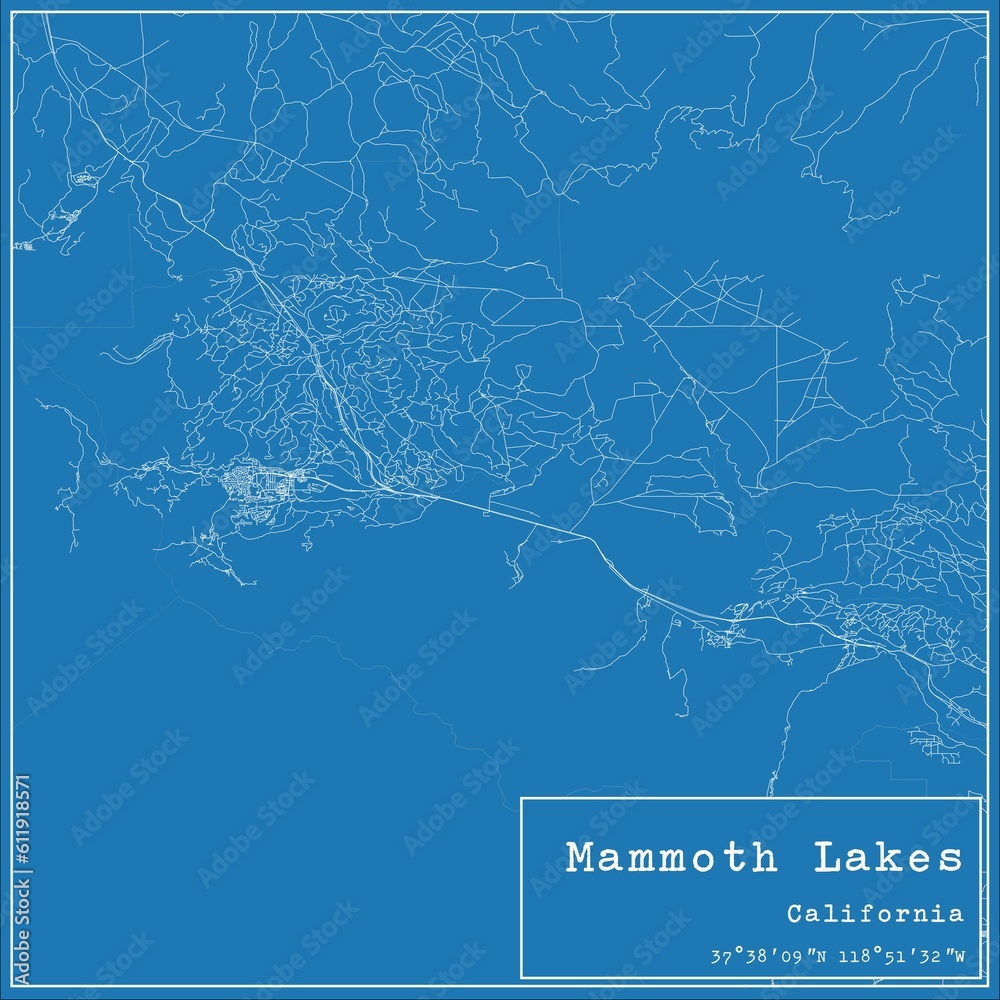 Blueprint US city map of Mammoth Lakes, California.