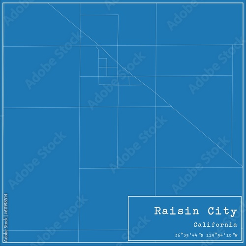 Blueprint US city map of Raisin City, California.