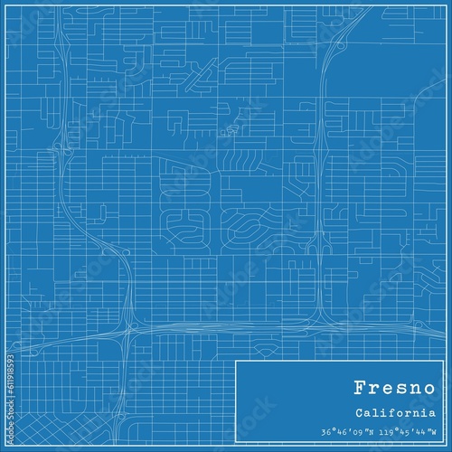 Blueprint US city map of Fresno  California.
