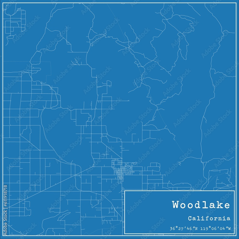 Blueprint US city map of Woodlake, California.