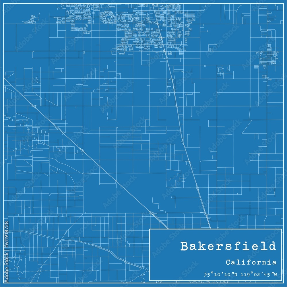 Blueprint US city map of Bakersfield, California.