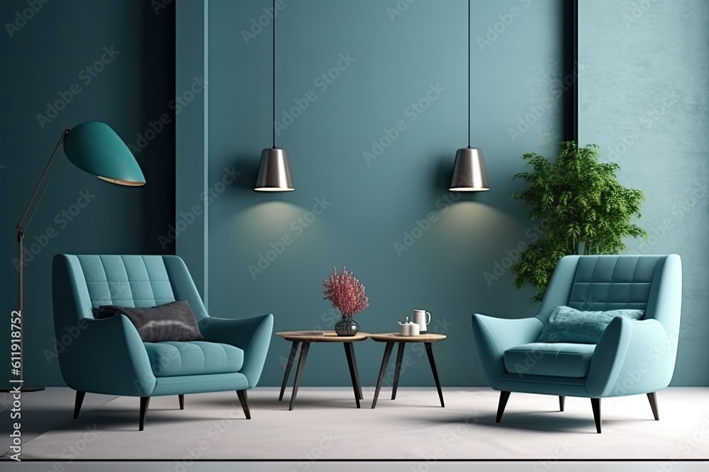 Fototapeta premium Set of Sofa with blue background along with lamp
