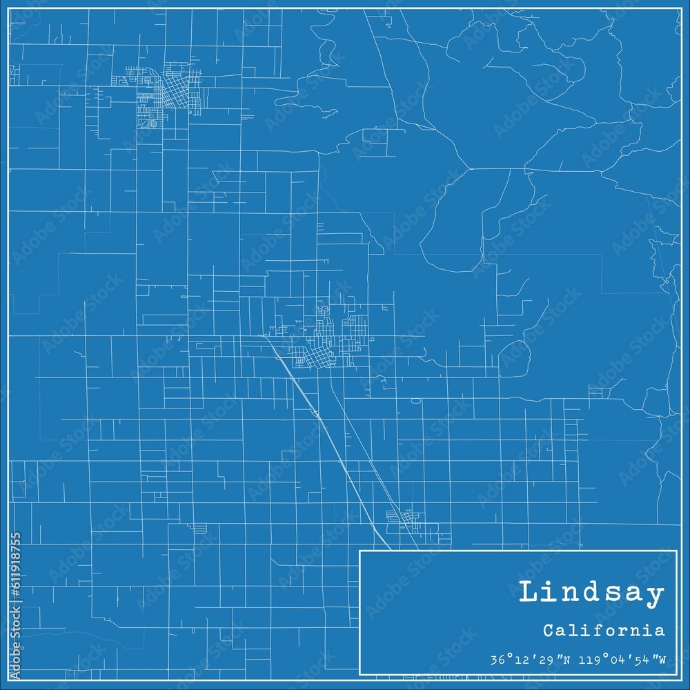 Blueprint US city map of Lindsay, California.