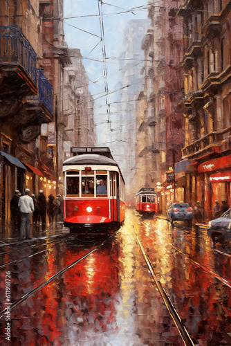 Wallpaper Mural A painting of a trolley on a city street. Generative AI. Torontodigital.ca