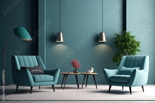 Set of Sofa with blue background along with lamp