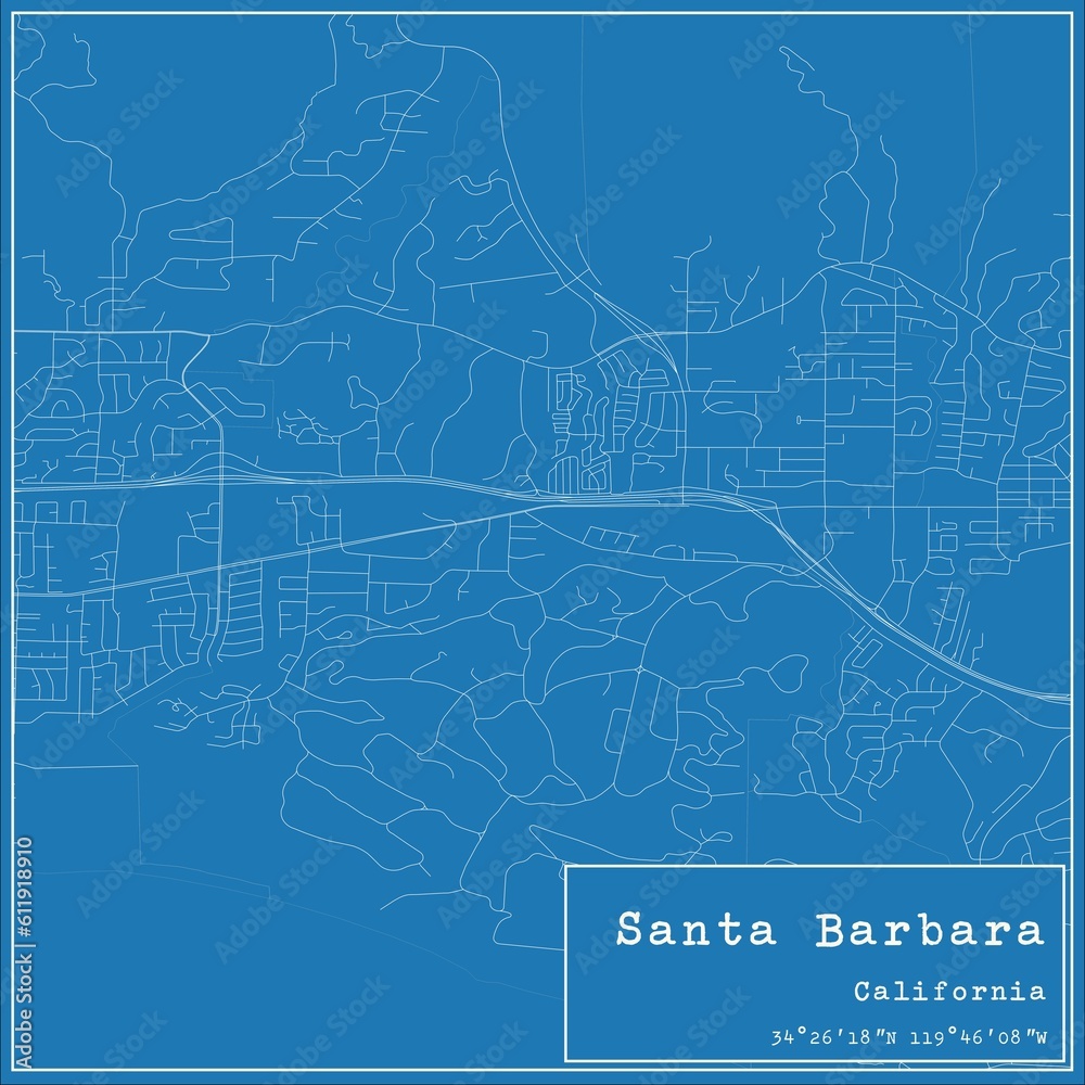 Blueprint US city map of Santa Barbara, California.