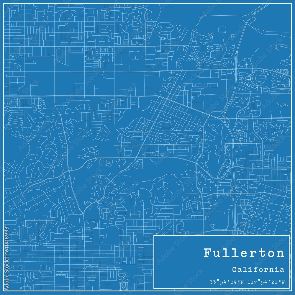 Blueprint US city map of Fullerton, California.