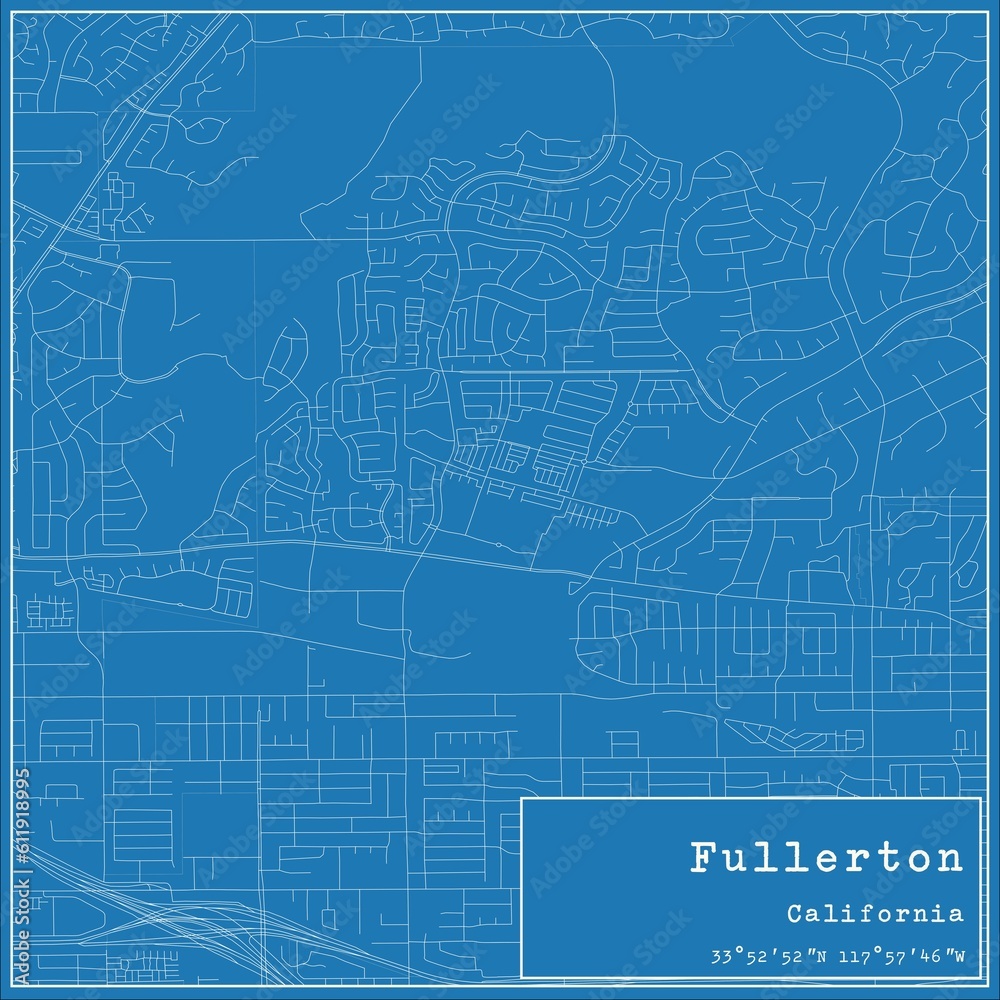 Blueprint US city map of Fullerton, California.