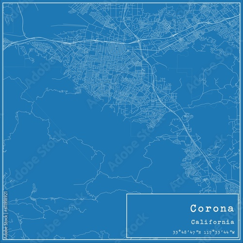 Blueprint US city map of Corona, California.