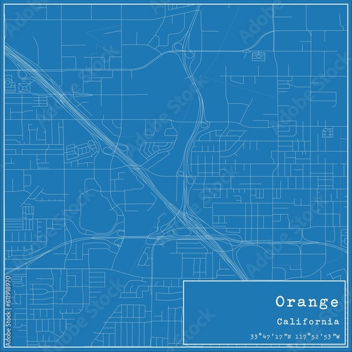 Blueprint US city map of Orange, California.