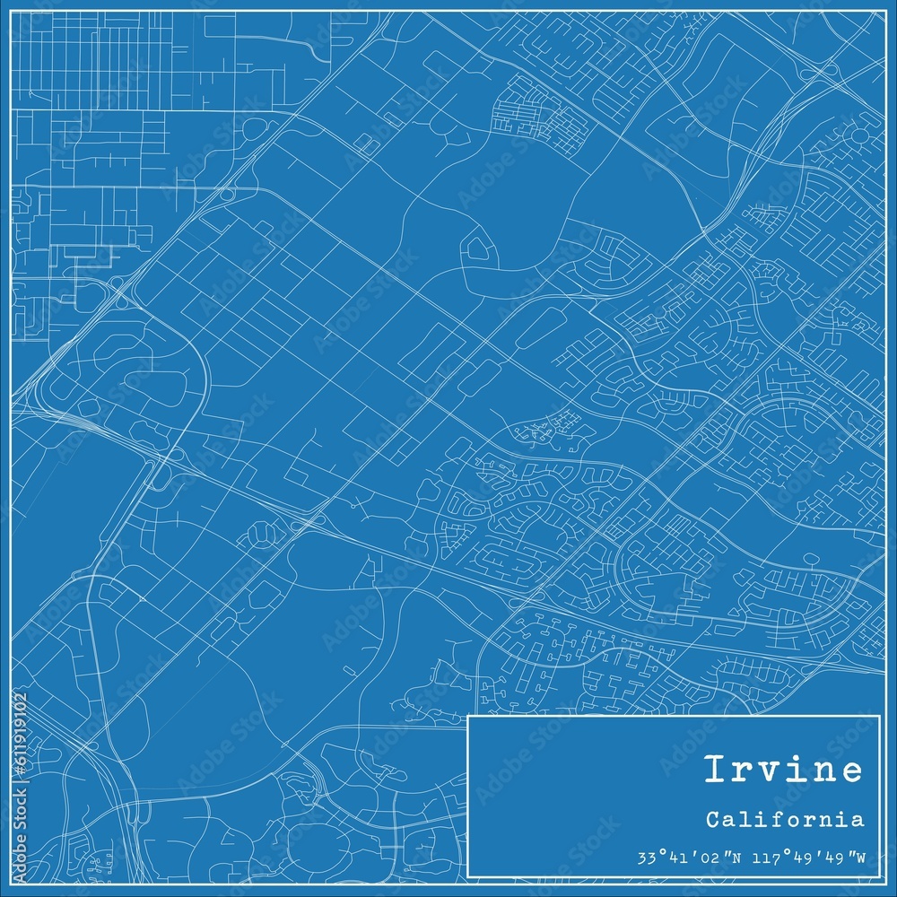 Blueprint US city map of Irvine, California.