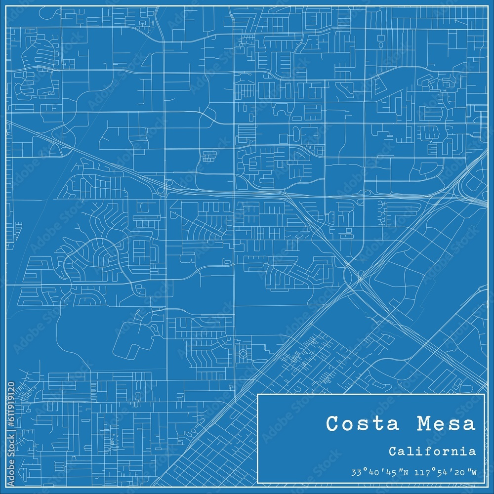 Blueprint US city map of Costa Mesa, California.
