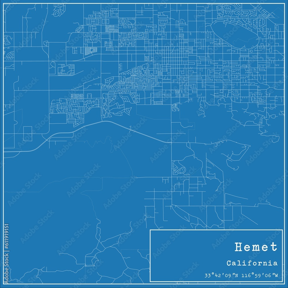 Blueprint US city map of Hemet, California.
