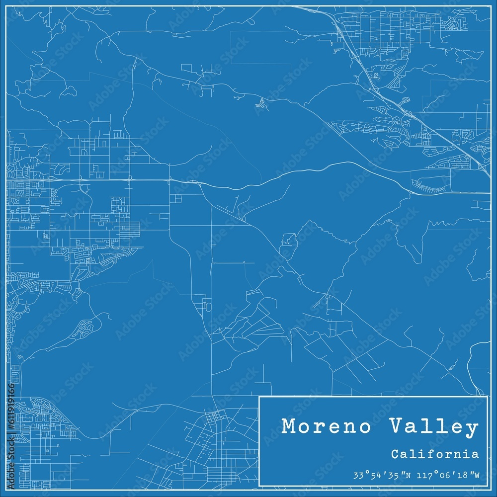Blueprint US city map of Moreno Valley, California.