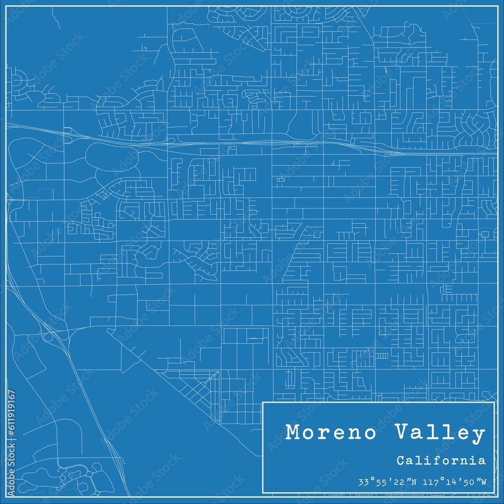 Blueprint US city map of Moreno Valley, California.