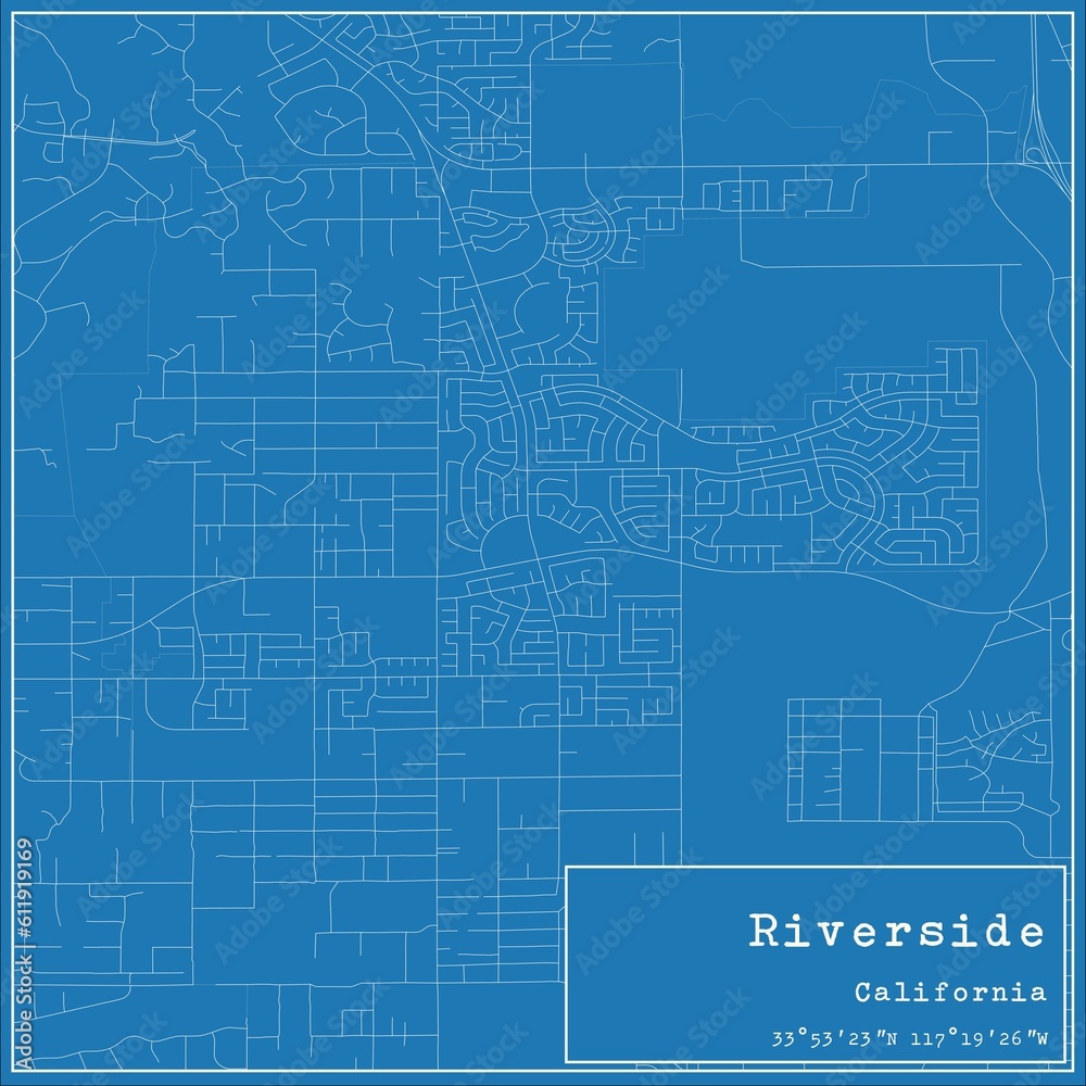 Blueprint US city map of Riverside, California.