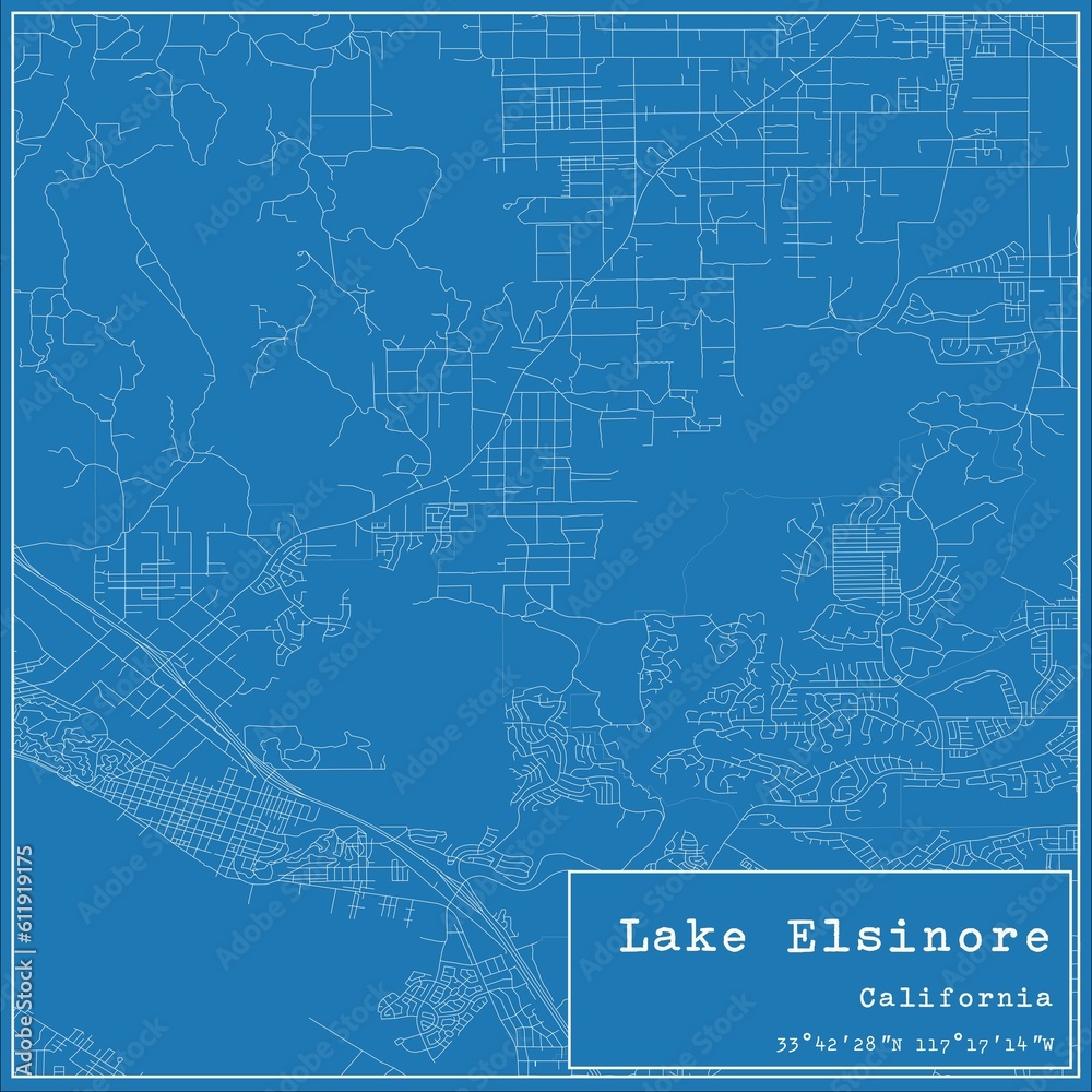 Blueprint US city map of Lake Elsinore, California.
