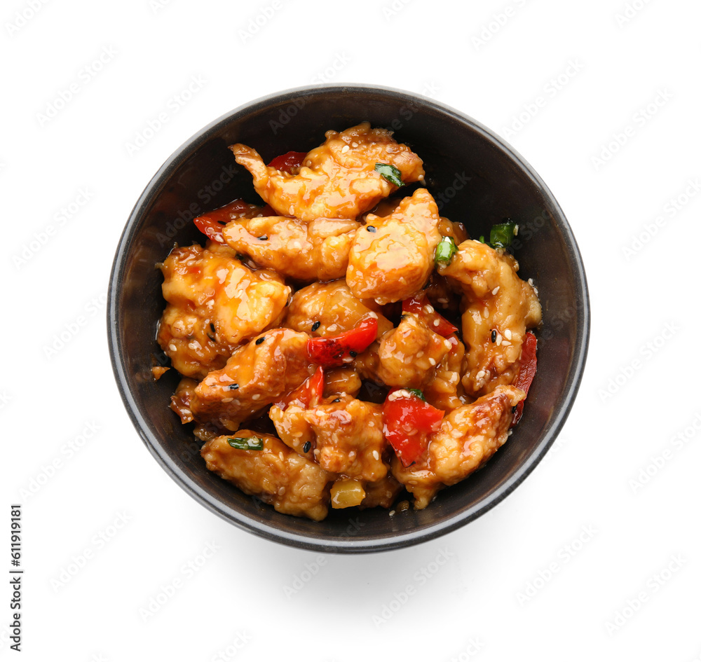 Bowl with tasty sweet and sour chicken on white background Bowl with tasty sweet and sour chicken on white background