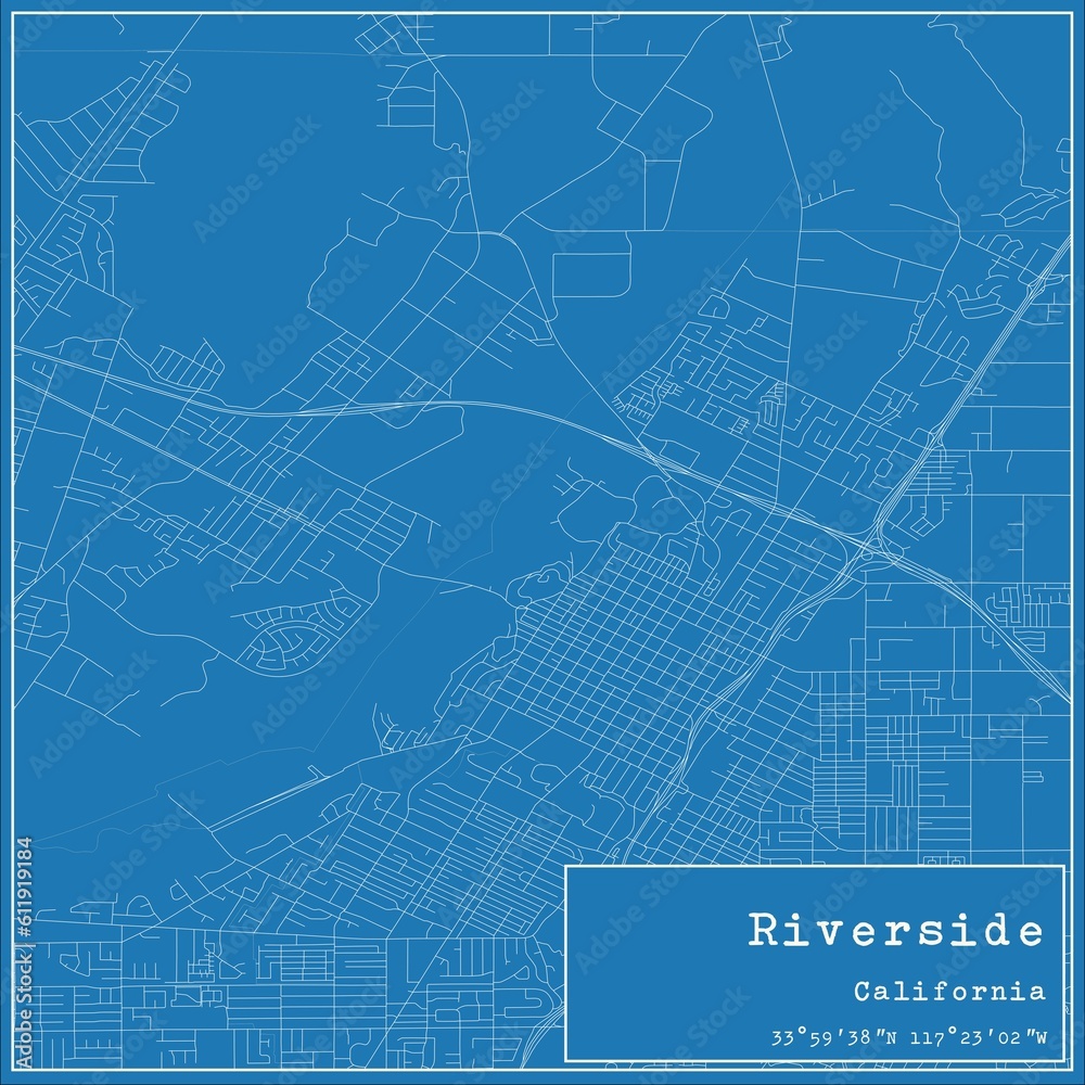 Blueprint US city map of Riverside, California.