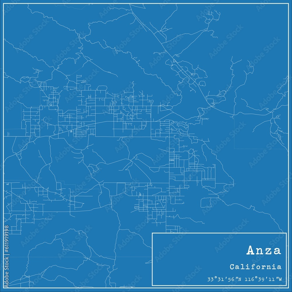 Blueprint US city map of Anza, California.