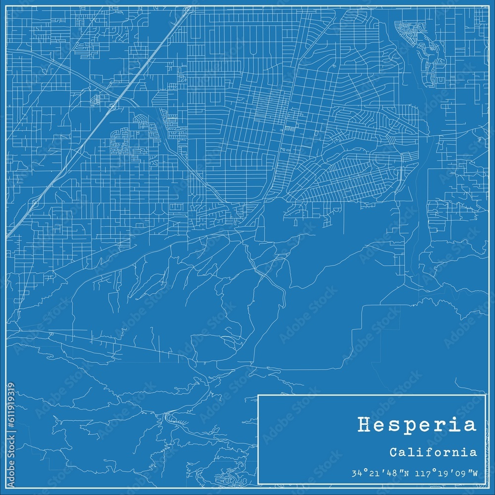 Blueprint US city map of Hesperia, California.