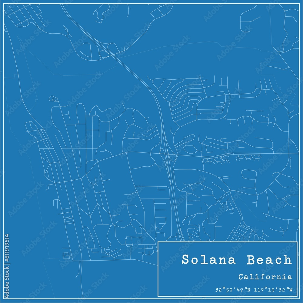 Blueprint US city map of Solana Beach, California.