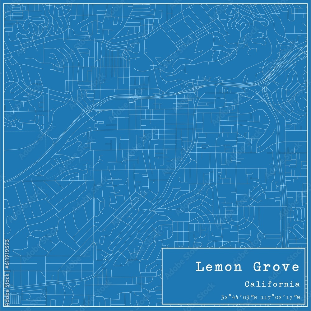 Blueprint US city map of Lemon Grove, California.