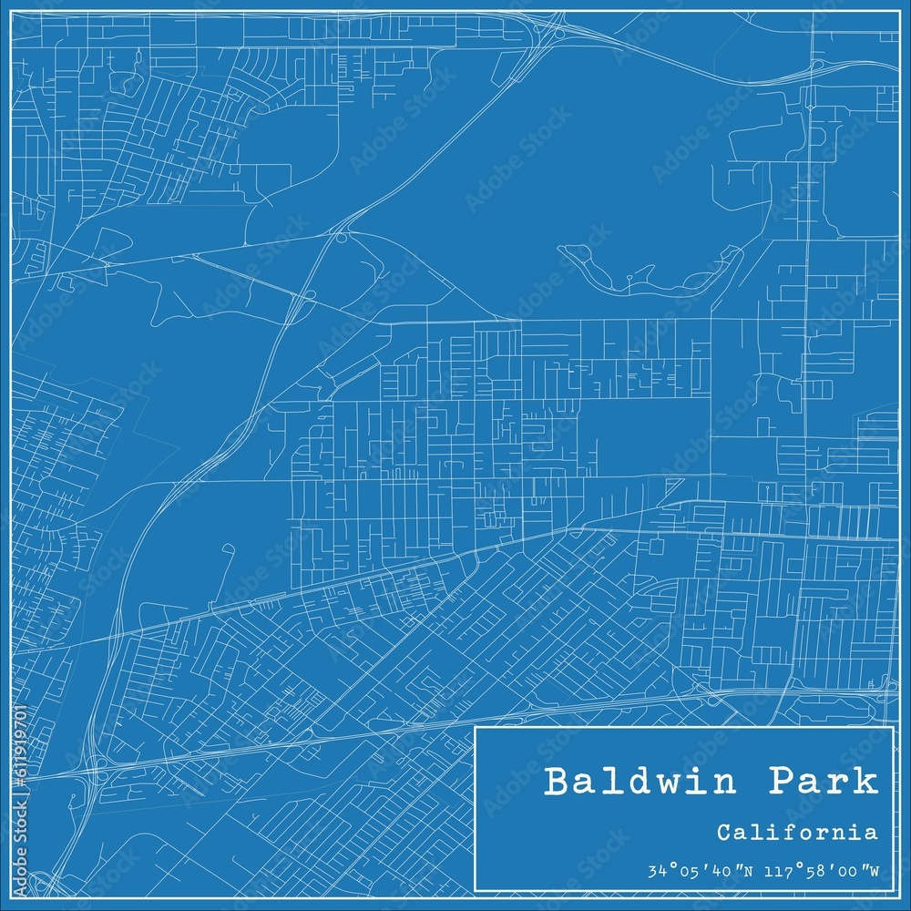 Blueprint US city map of Baldwin Park, California.