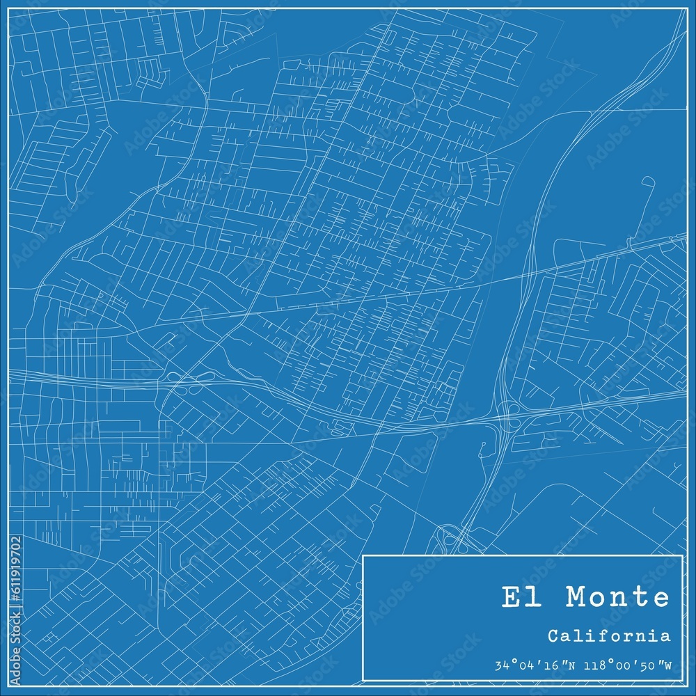 Blueprint US city map of El Monte, California.