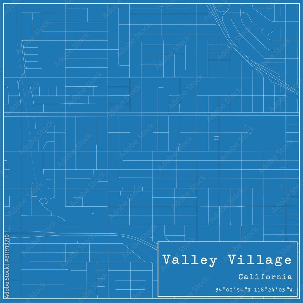 Blueprint US city map of Valley Village, California.