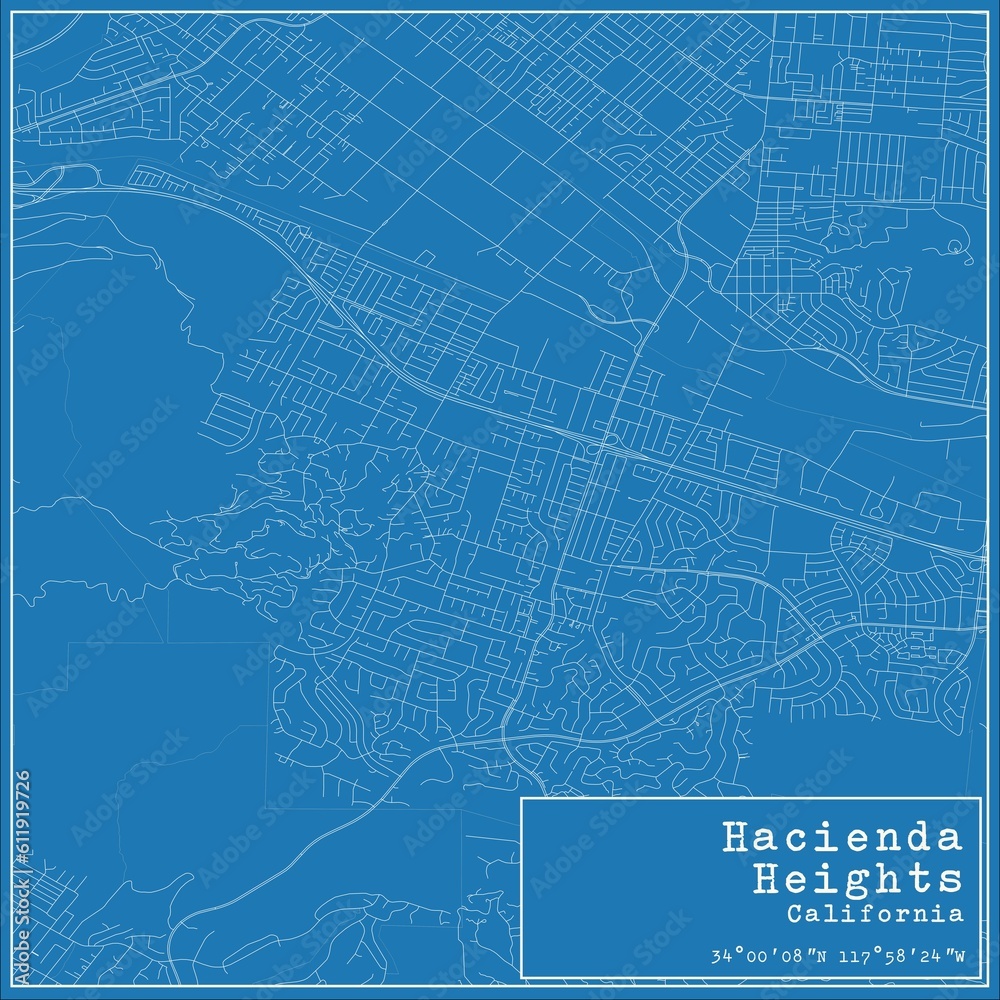 Blueprint US city map of Hacienda Heights, California.