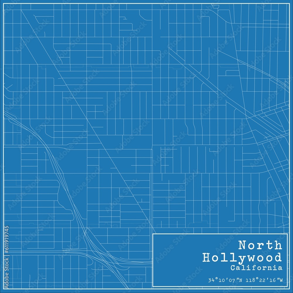 Blueprint US city map of North Hollywood, California.