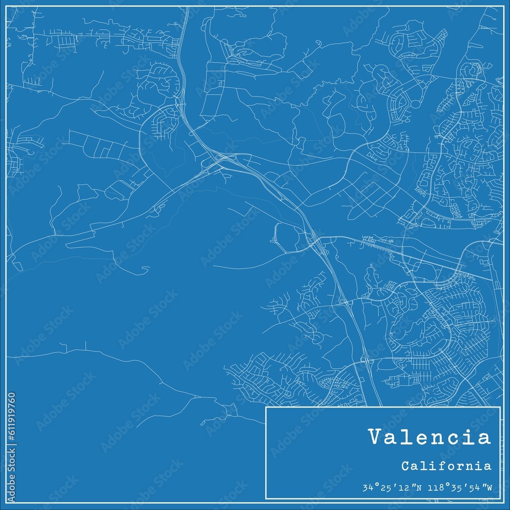 Blueprint US city map of Valencia, California.