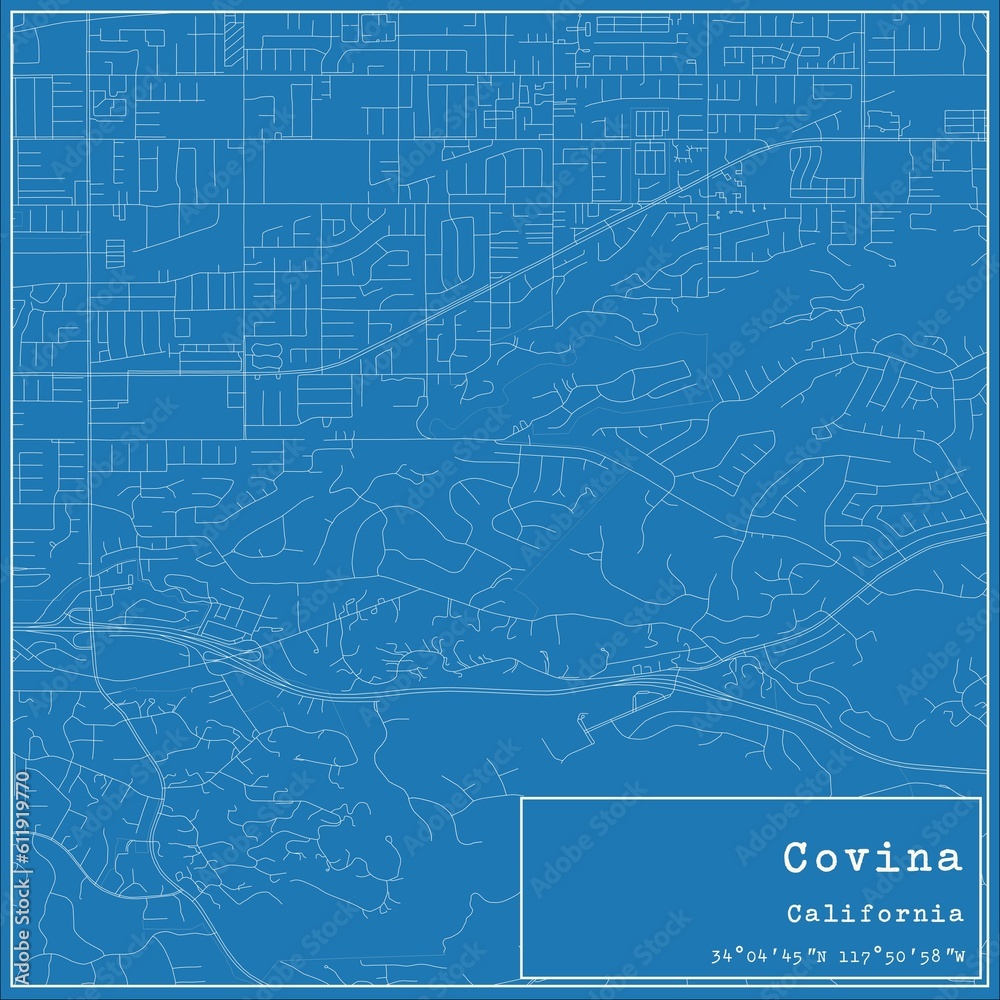 Blueprint US city map of Covina, California.