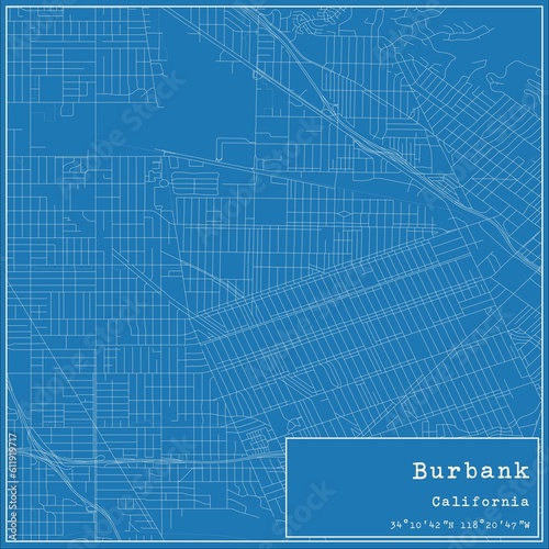Blueprint US city map of Burbank, California.