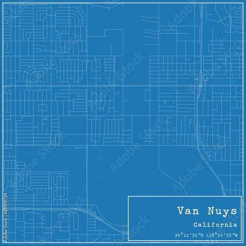 Blueprint US city map of Van Nuys, California. photo
