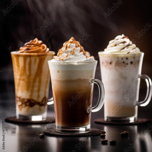 three varieties of coffee showing cappuccino, vanilla latte and chocoalate ice cream coffee