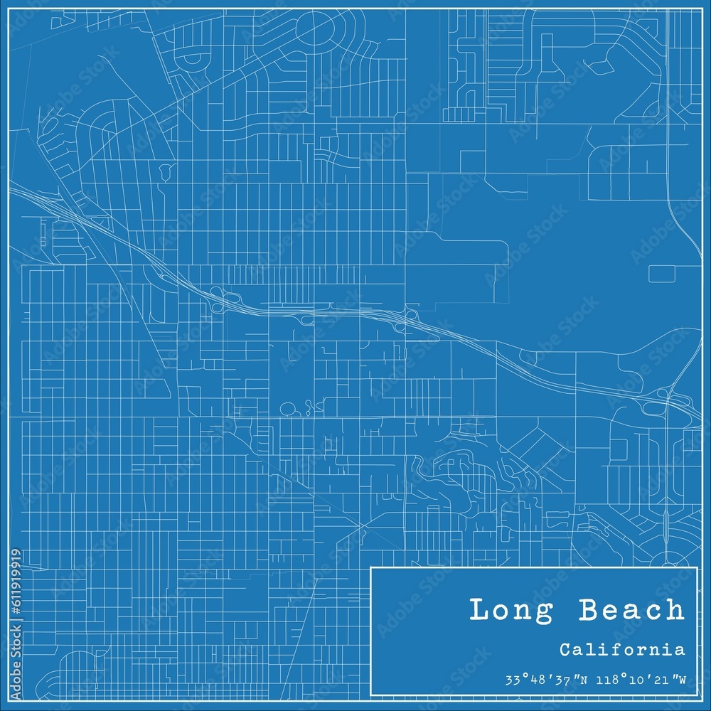 Blueprint US city map of Long Beach, California.