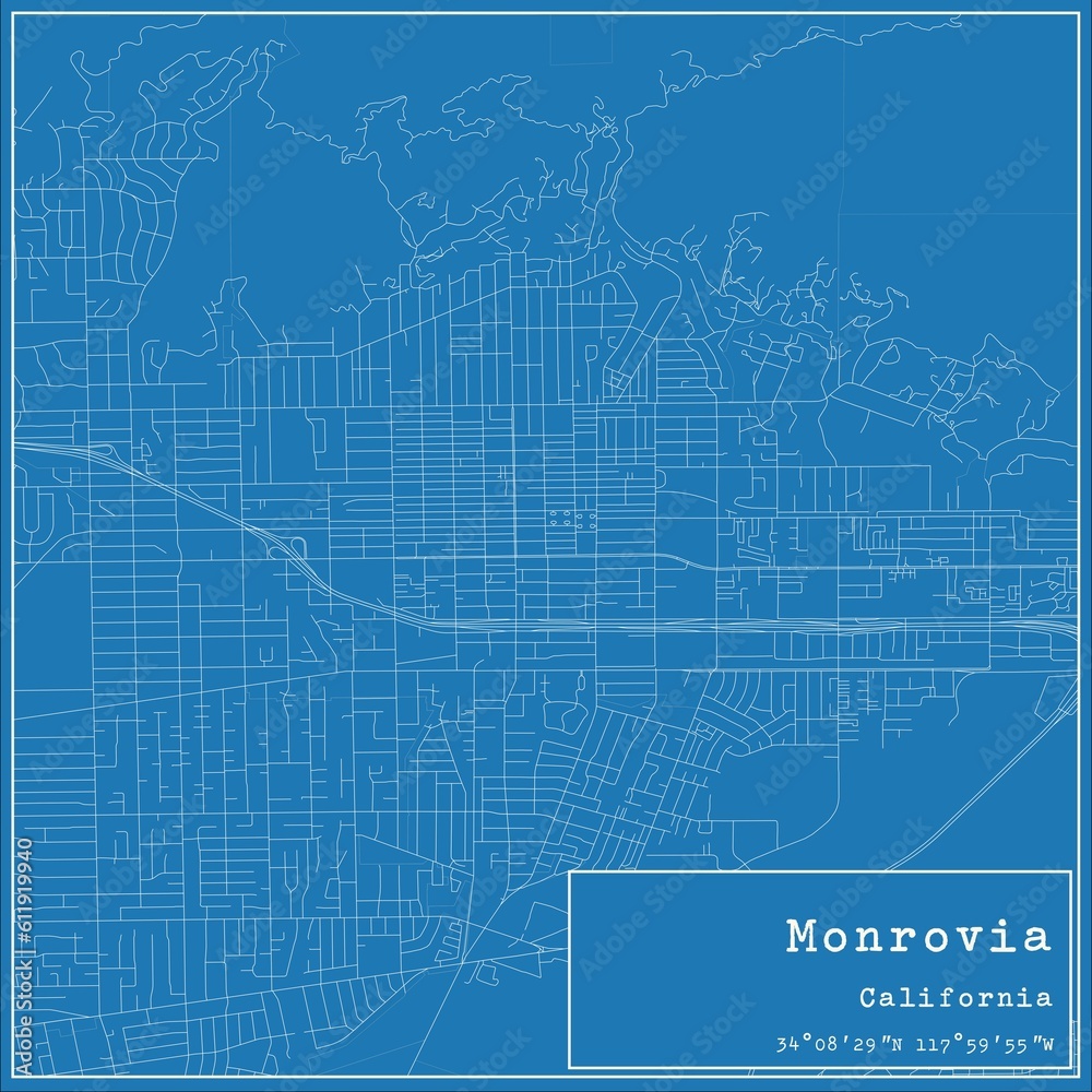 Blueprint US city map of Monrovia, California.