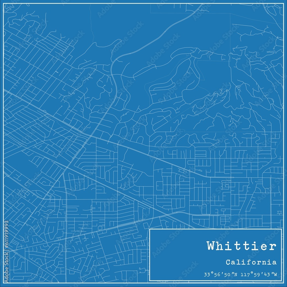 Blueprint US city map of Whittier, California.