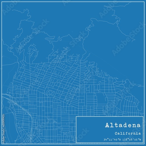 Blueprint US city map of Altadena, California.