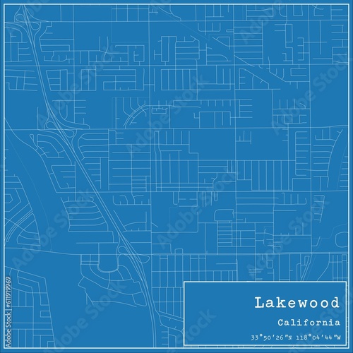 Blueprint US city map of Lakewood, California.