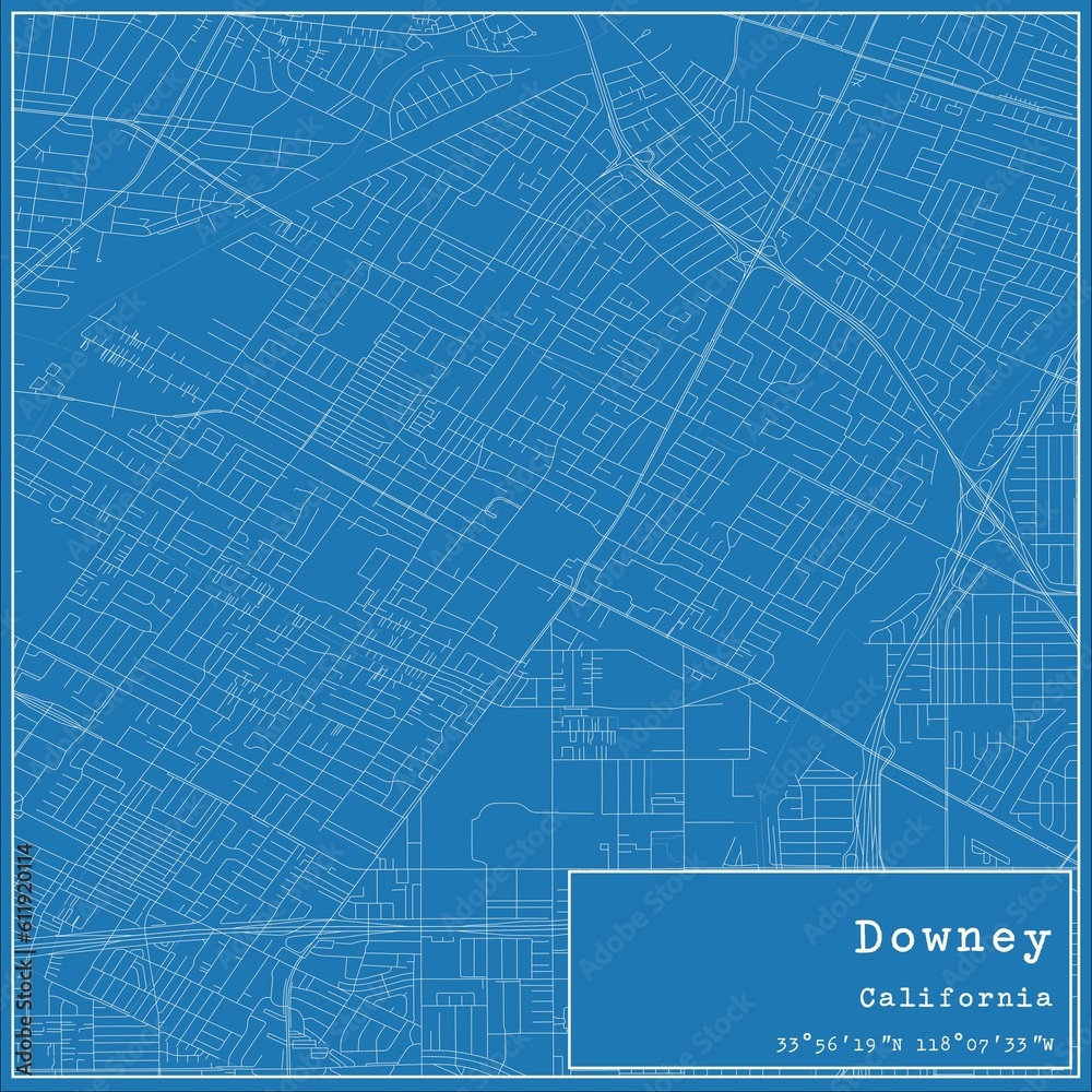 Blueprint US city map of Downey, California.