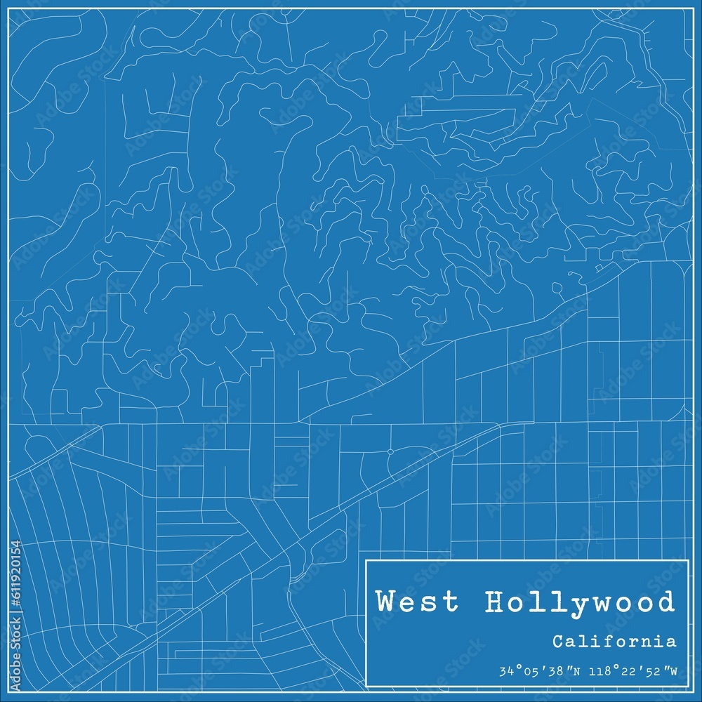 Blueprint US city map of West Hollywood, California.