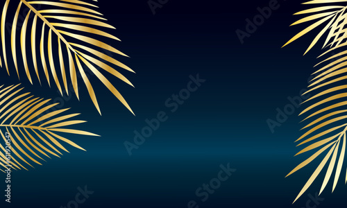Dark blue gradient background with golden palm leaves on the sides. Design for banner, background, flyer, advertisement with place for text