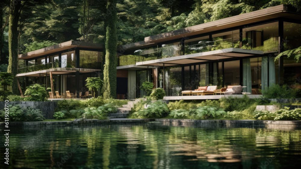 Generative ai illustration of modernist-looking house in a green paradise Generative ai illustration of modernist-looking house in a green paradise